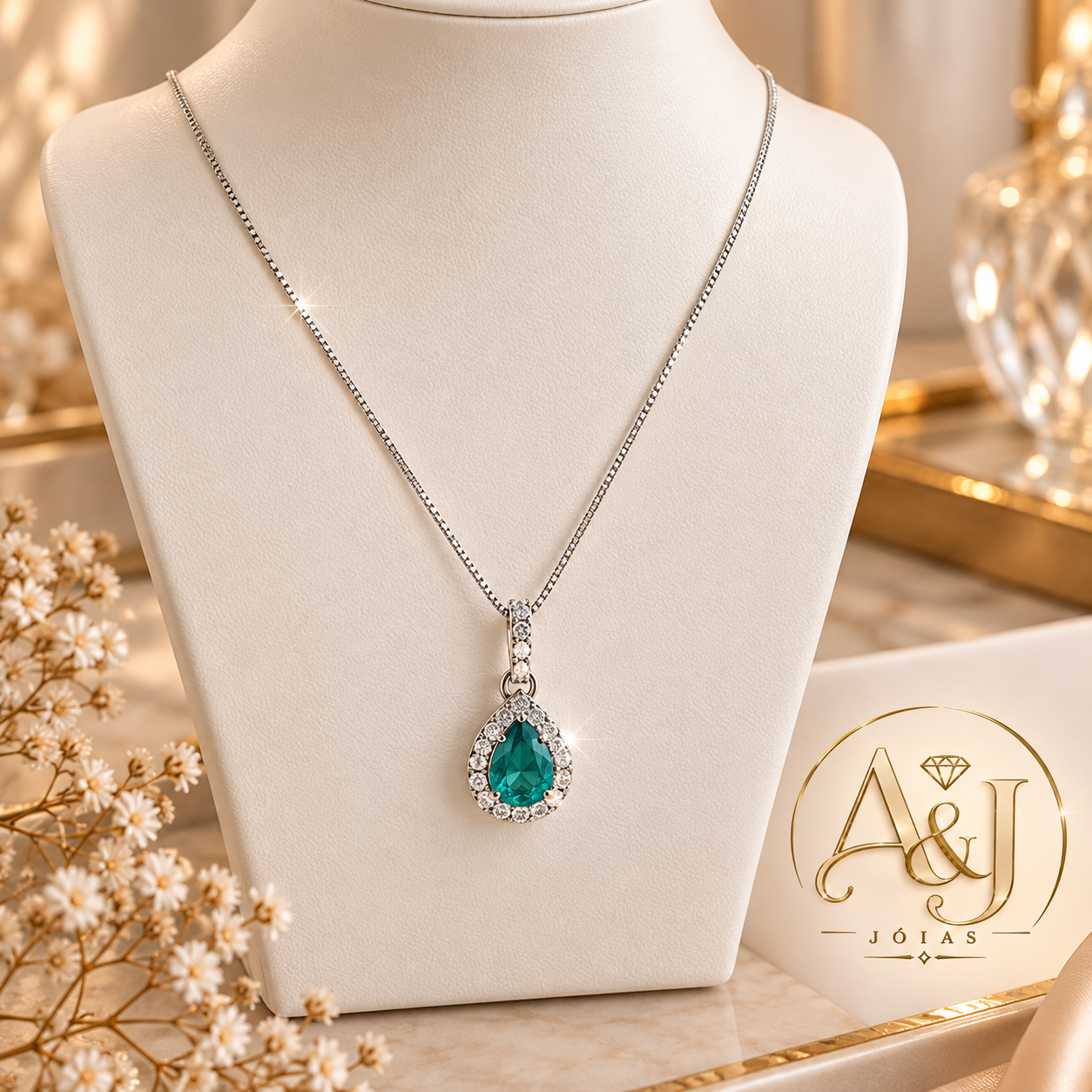 Colar de prata com gota cravejada - verde 