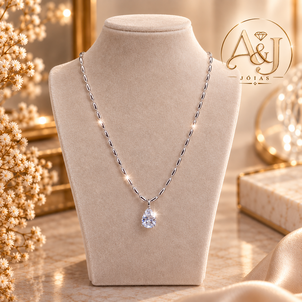 Chocker prata com gota cristal