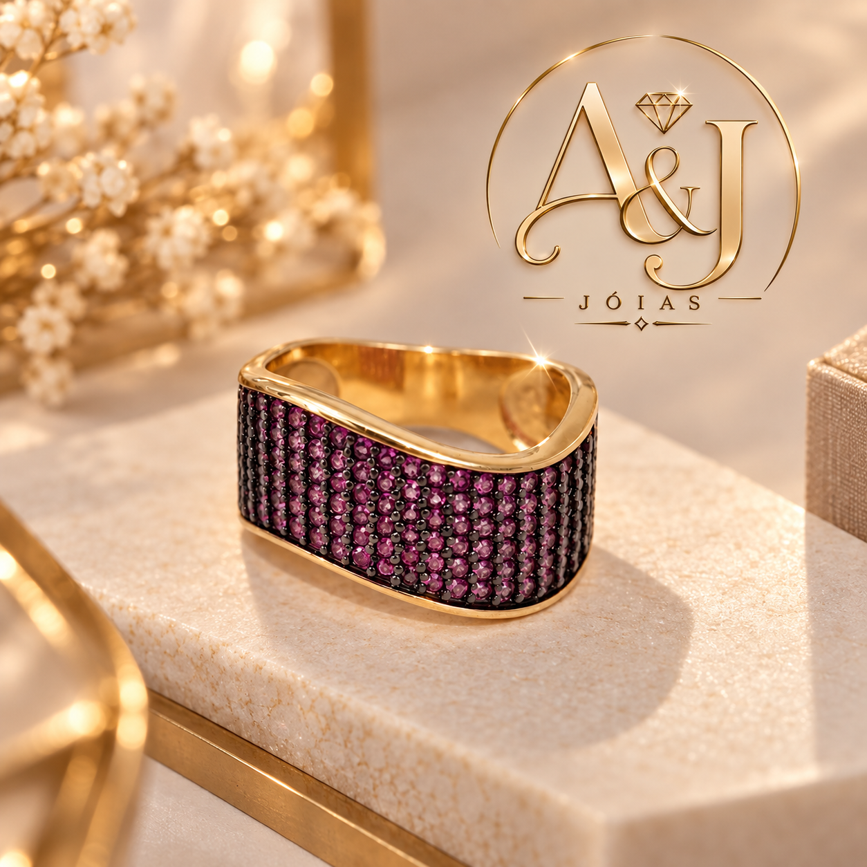 Anel dourado largo com pedraria rosa