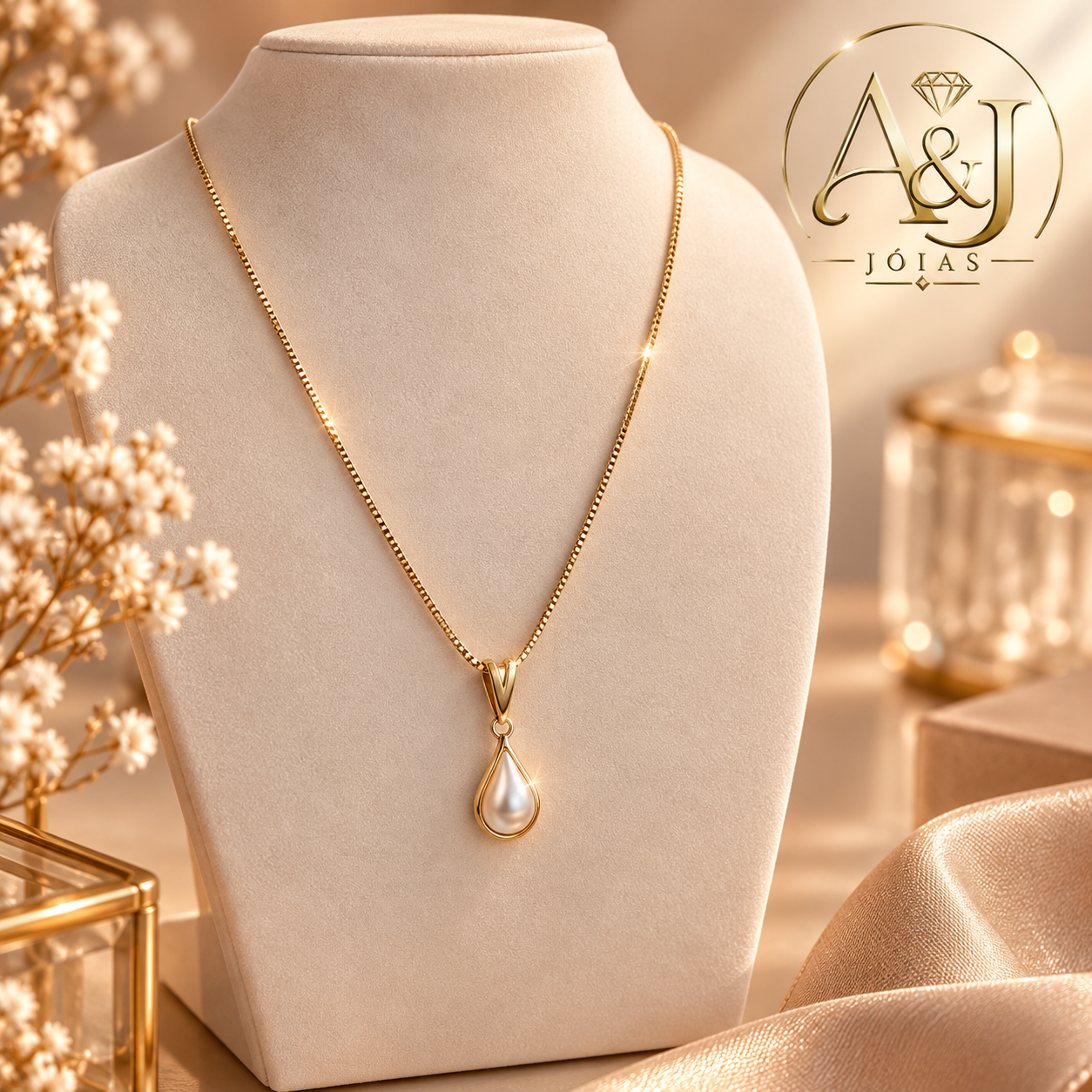 Colar dourado com gota pérola 