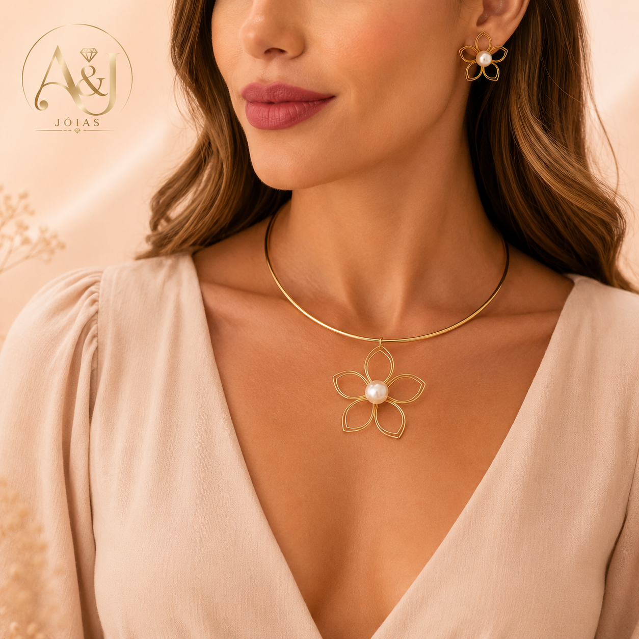 Conjunto Choker  - Flor de Fios com Perola