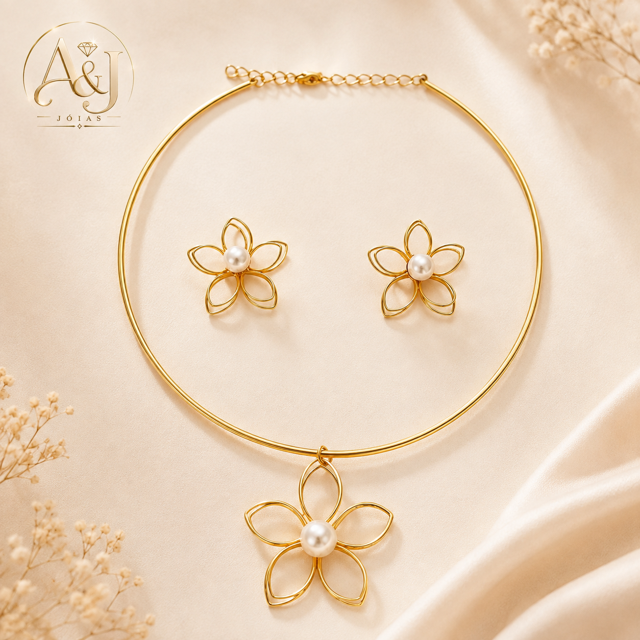Conjunto Choker  - Flor de Fios com Perola